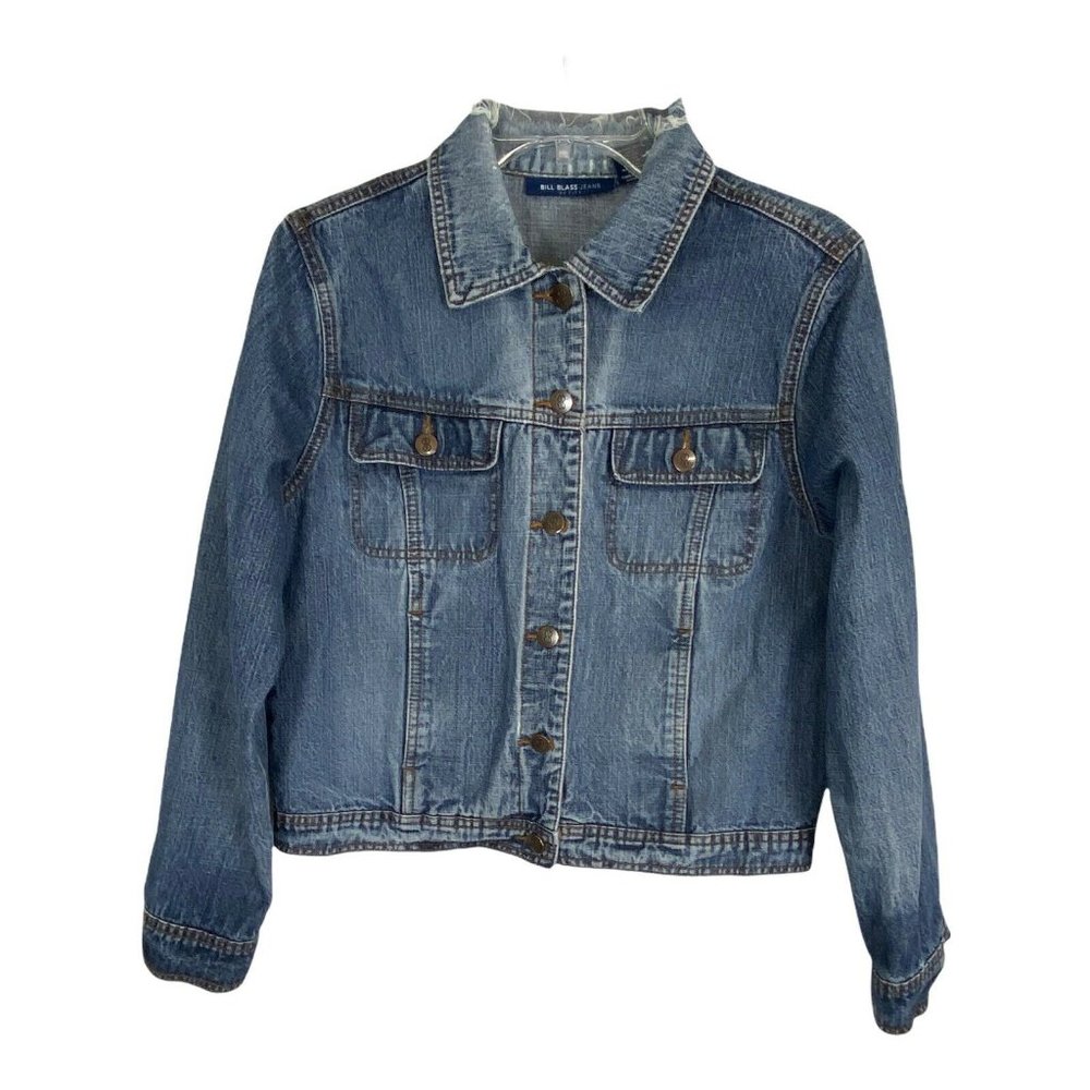 Bill Blass Womens Jacket Size Petite Medium Blue Denim Pockets Long Sleeve